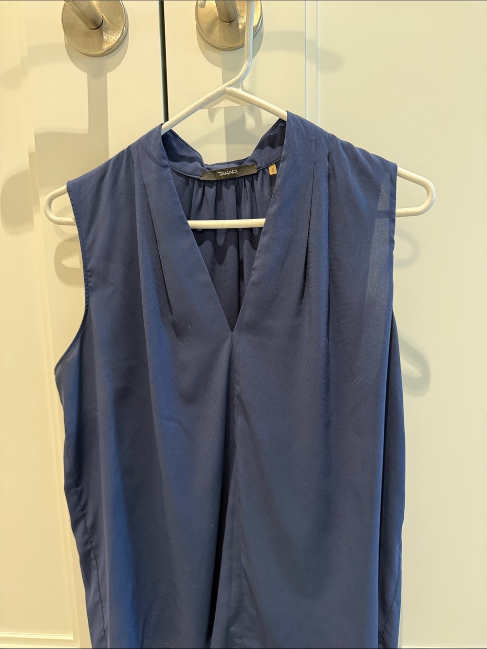 Tahari Navy Sleeveless V-Neck Shell